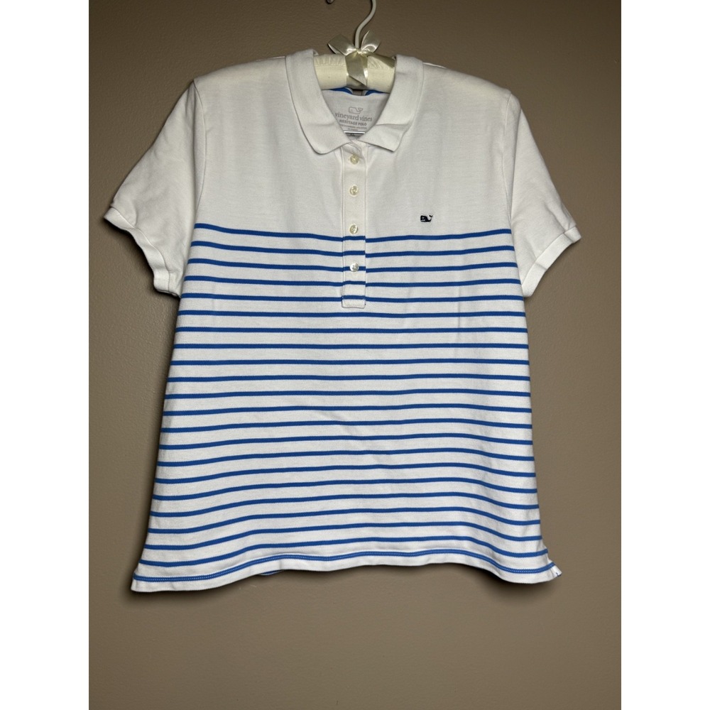 Vineyard Vines Heritage Polo Women's XL White Blue Striped Short Sleeve Collared